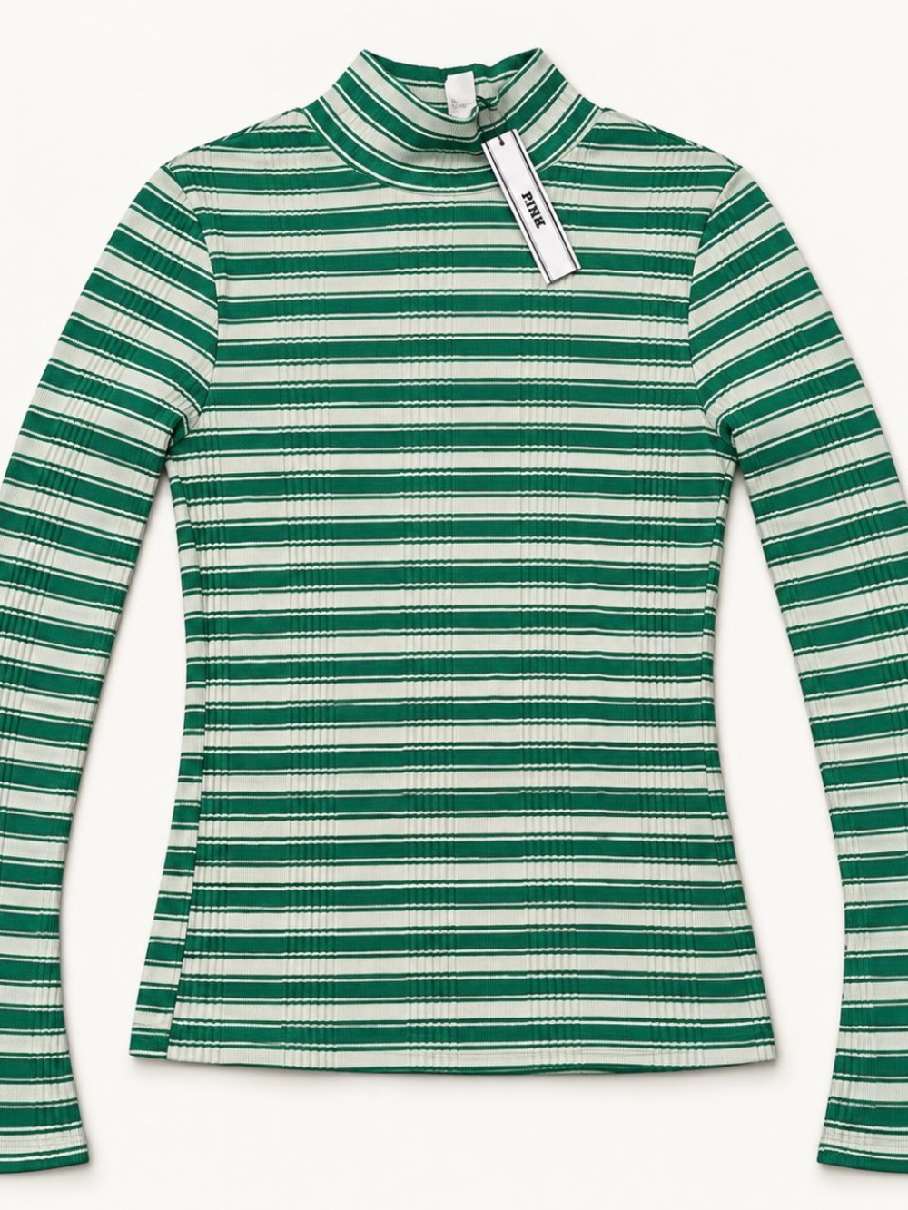 PINK Victoria's Secret Green & White Striped Mock-Neck Long Sleeve Tee